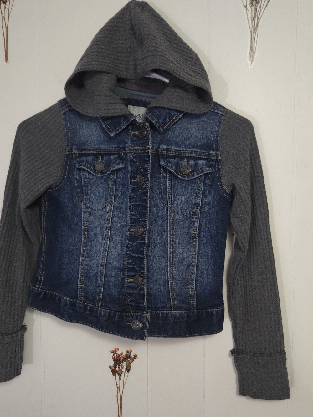 Mudd Blue Denim Jacket with Gray Knit Hood & Sleeves
